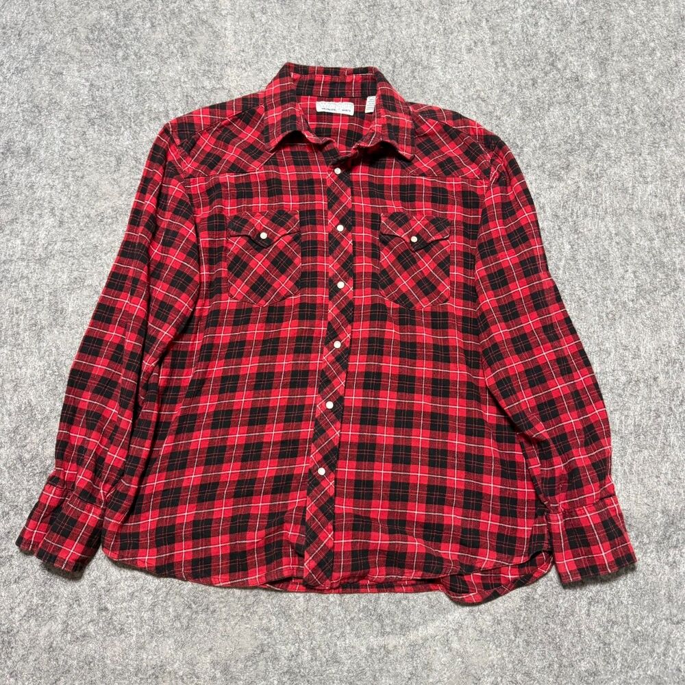 VTG Wrangler Wrancher Mens XL Red Black Plaid Western Pearl Snap Flannel Shirt